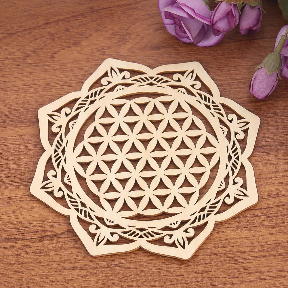 1PC Harmonious Flower of Life Diagram Decorative Boards Wooden Laser Carving Meditation Plate Carved Coaster Creative Home Decor