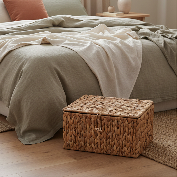 Rectangular Woven Basket with Lid Heavy Duty Decorative Storage Box for Organizing Home Office Bedroom Storage Bins for Shelves