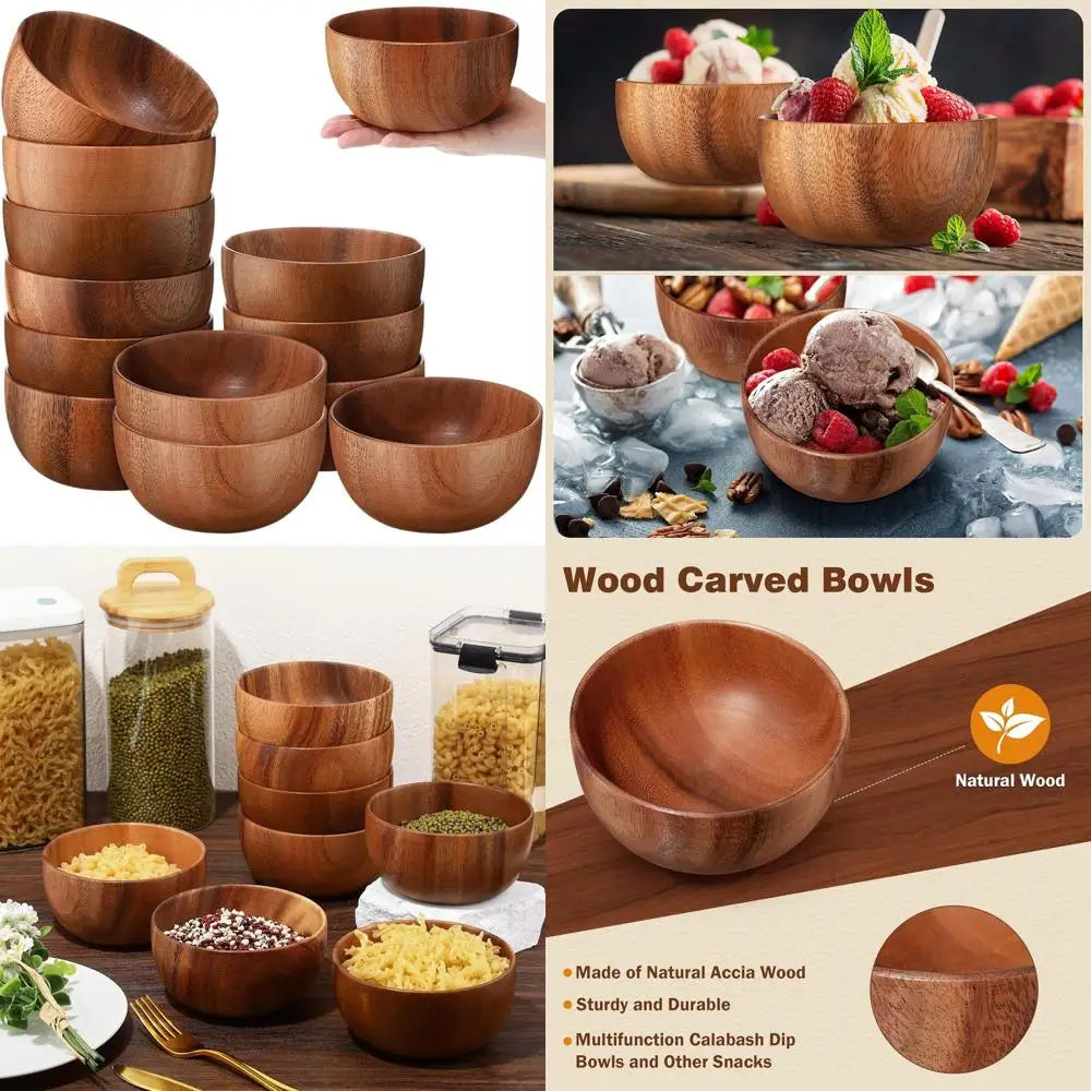 8 Pack Small Wooden Calabash Bowls - Round Hand Carved Serving Bowls for Salad, Snacks, and More