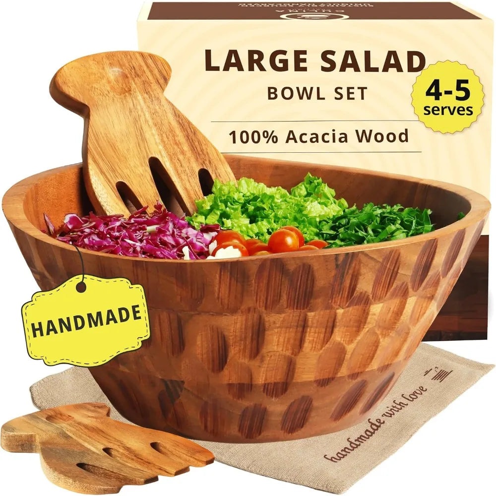 Large Acacia Wood Salad Bowl Set with Utensils 11 Mixing Bowl for Food Fruit Pasta Easy Clean Kitchen Decor Gift Lit Outlet
