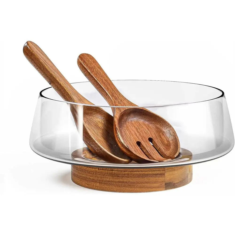 Large Glass Salad Bowl Set with Wooden Base and Serving Tools - Stylish & Functional Kitchen Essential