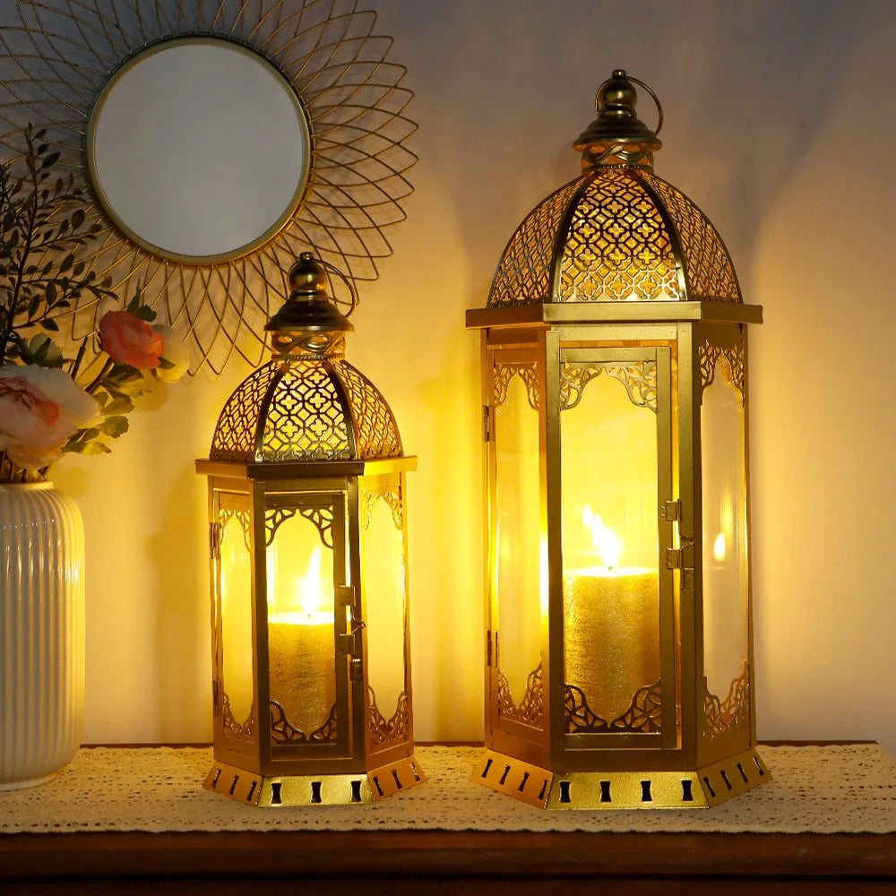 Set of 2 Decorative Candle Lanterns 22"&17" H Vintage Metal Candle Holderr(Gold)