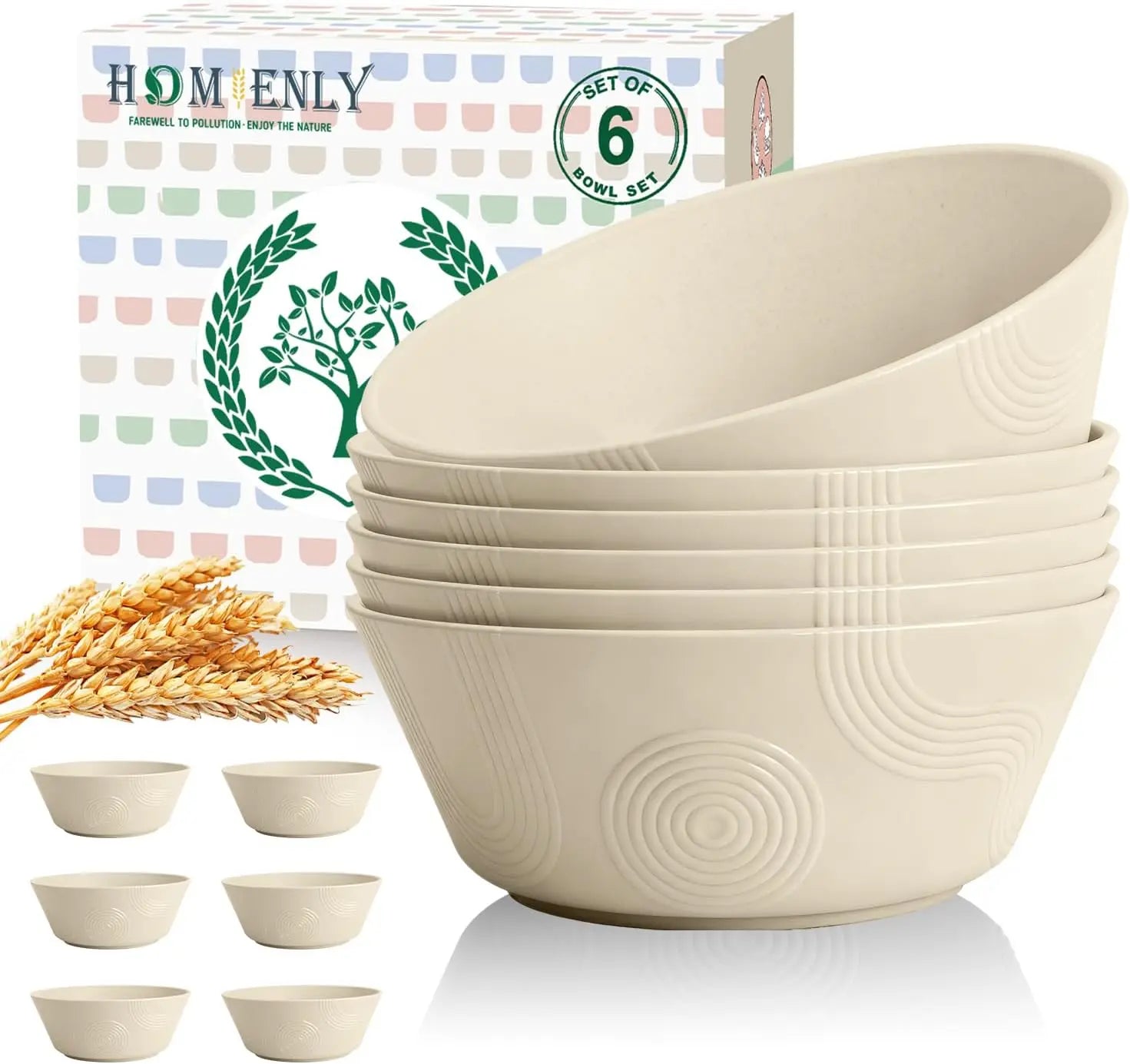 Large 36oz Wheat Straw Bowls Set of 6, Microwave Safe Unbreakable for Soup Salad Popcorn Party Camping