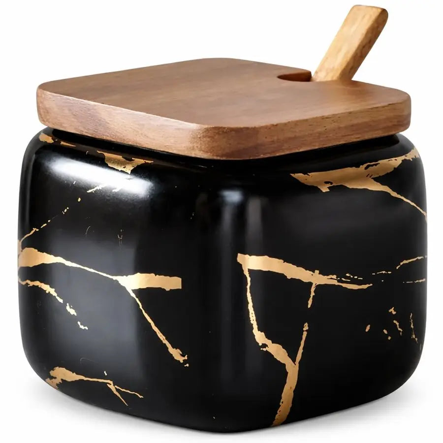 Ceramics Sugar Bowl Ceramic Seasoning Box Ceramic Spice Jars Porcelain Condiment Pots with Lid and Spoon Black
