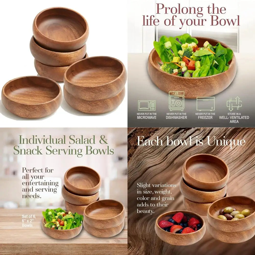 Acacia Wood Snack Bowls, Set of 6, 6 x 2