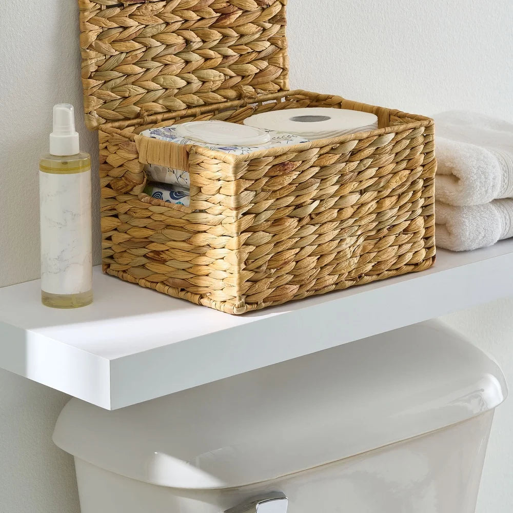 Natural Hyacinth Basket with Lid Storage Organizer Handmade Woven Basket Decorative Storage Bathroom Pantry Nursery Home Decor