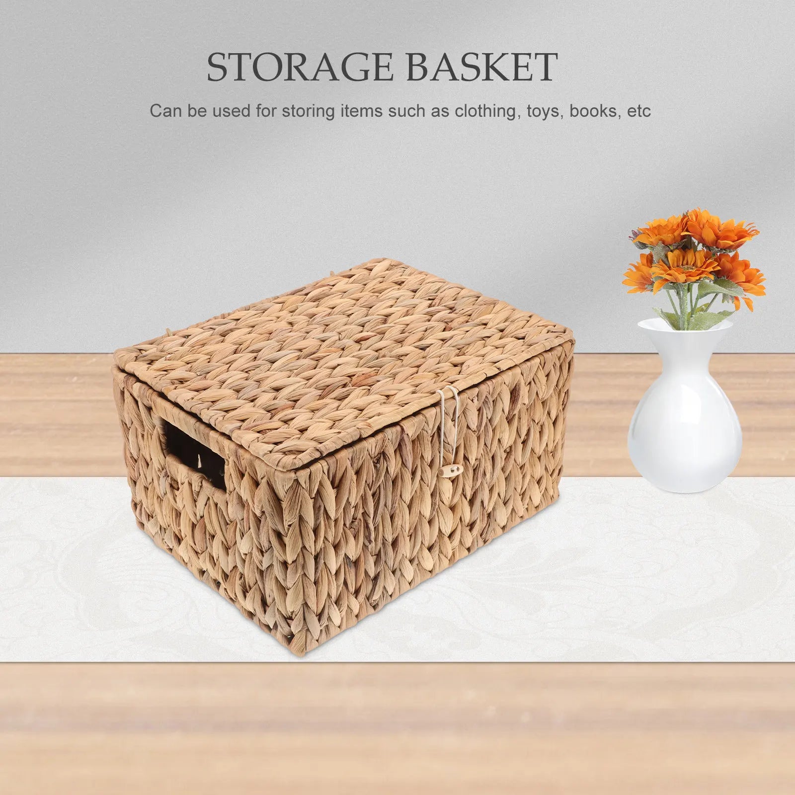 Rectangular Woven Basket with Lid Heavy Duty Decorative Storage Box for Organizing Home Office Bedroom Storage Bins for Shelves