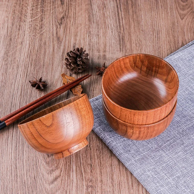 Japanese Style Acacia Wooden Bowl for Children's Dining Anti DropBowl Exclusive Wooden Bowl Retro Home Tableware Set Salad Bowl