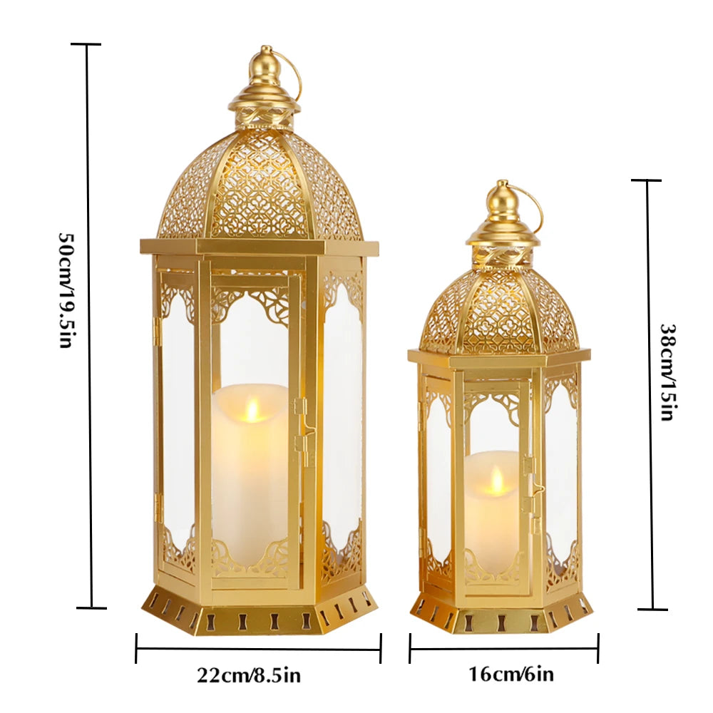 Set of 2 Decorative Candle Lanterns 22"&17" H Vintage Metal Candle Holderr(Gold)