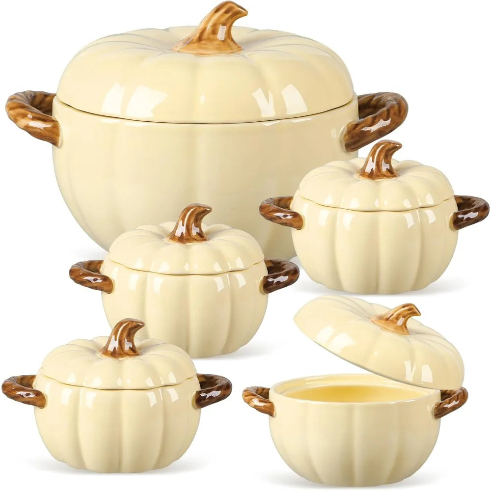 Set of 5 Ceramic Pumpkin Bowls with Lid and Handles Pumpkin Shape Soup Serving Pot Storage Jar Lit Outlet