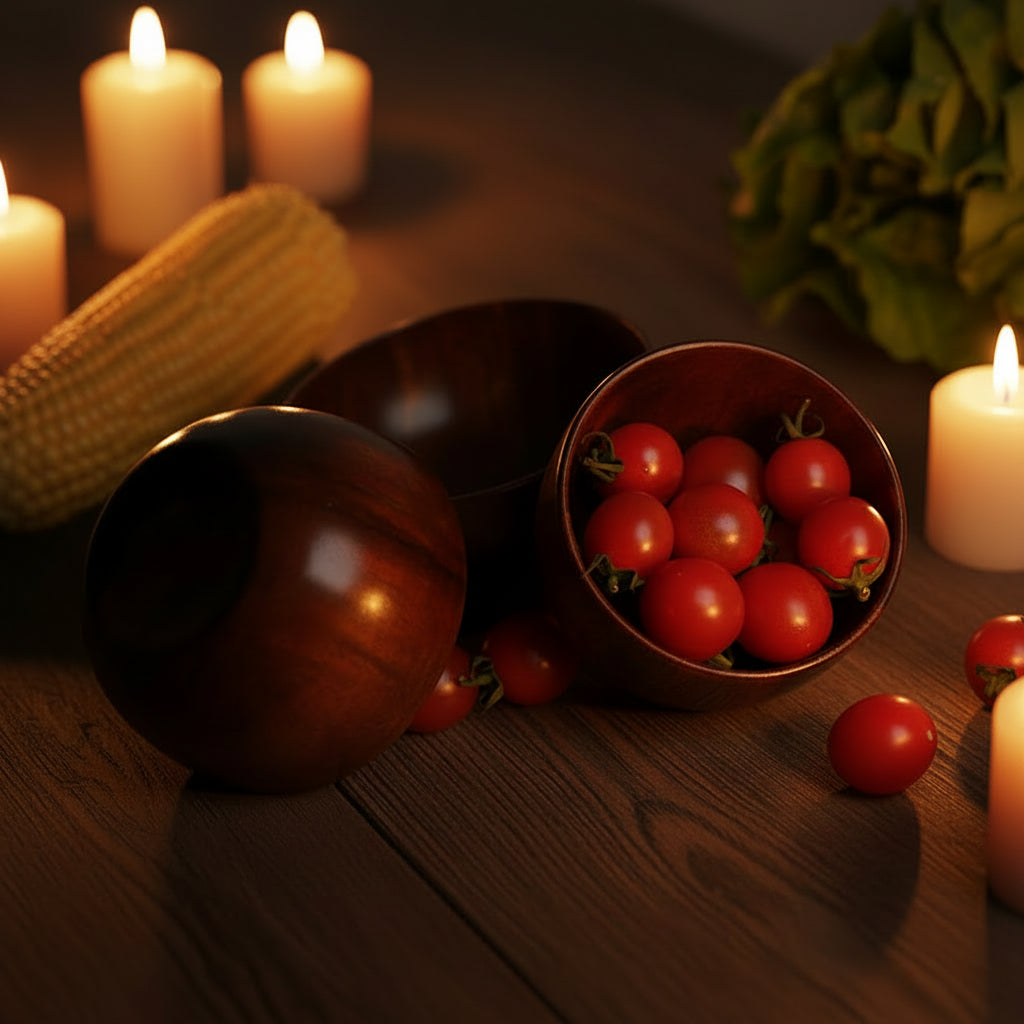 Wooden bowls with red tomatoes on a white surface with corn and lettuce in the background