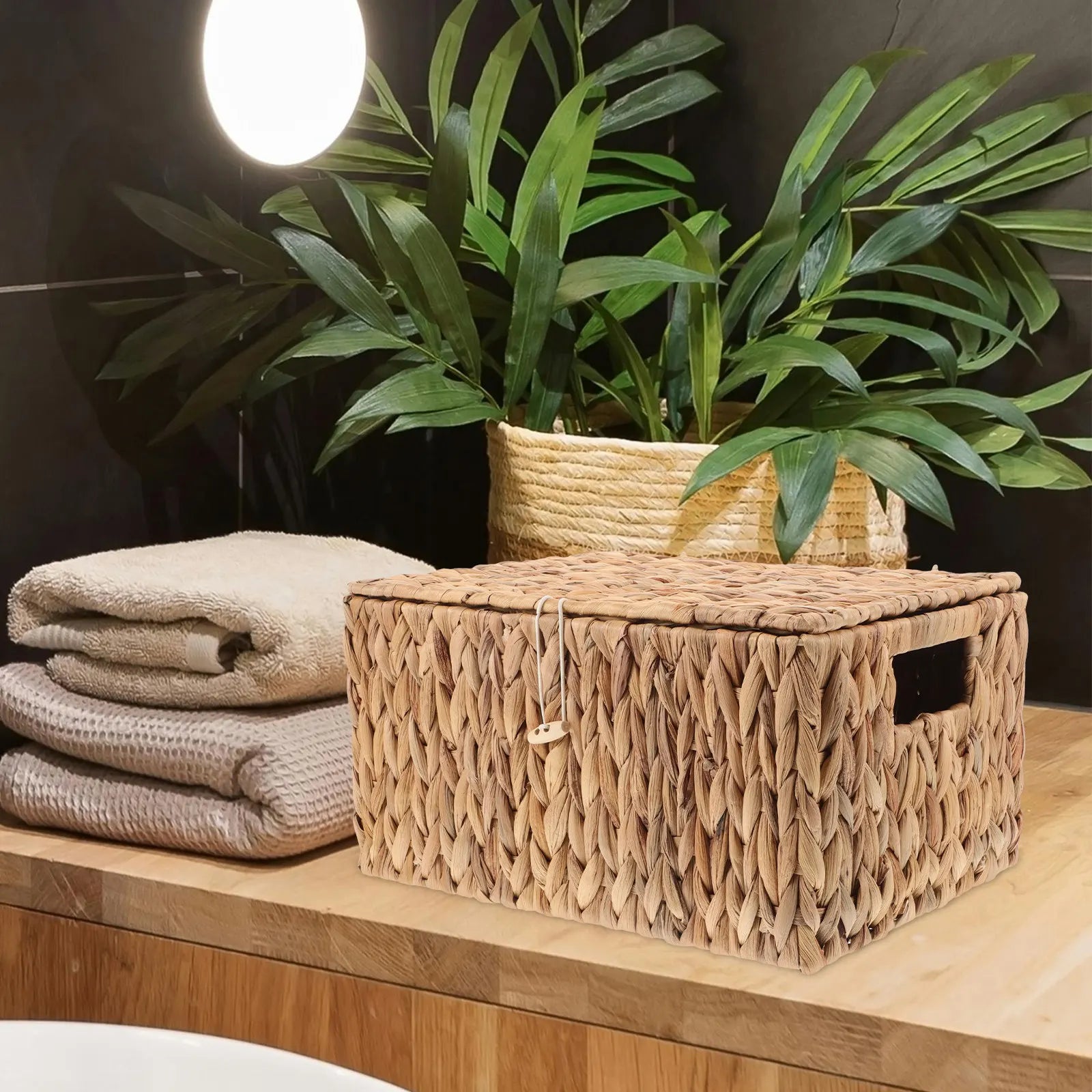 Rectangular Woven Basket with Lid Heavy Duty Decorative Storage Box for Organizing Home Office Bedroom Storage Bins for Shelves
