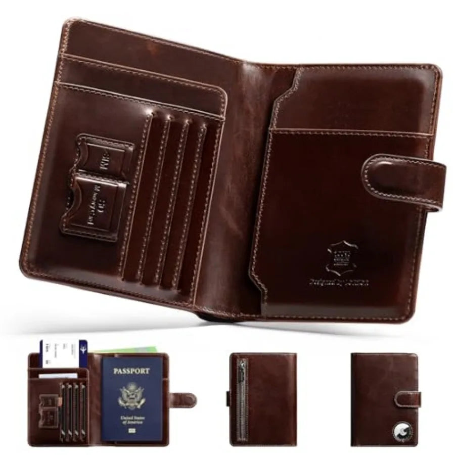 Passport Holder for Travel: Full Grain Leather Passport Cover with Airtag Holder Magnetic Buckle for Men - RFID Blocking Bifold