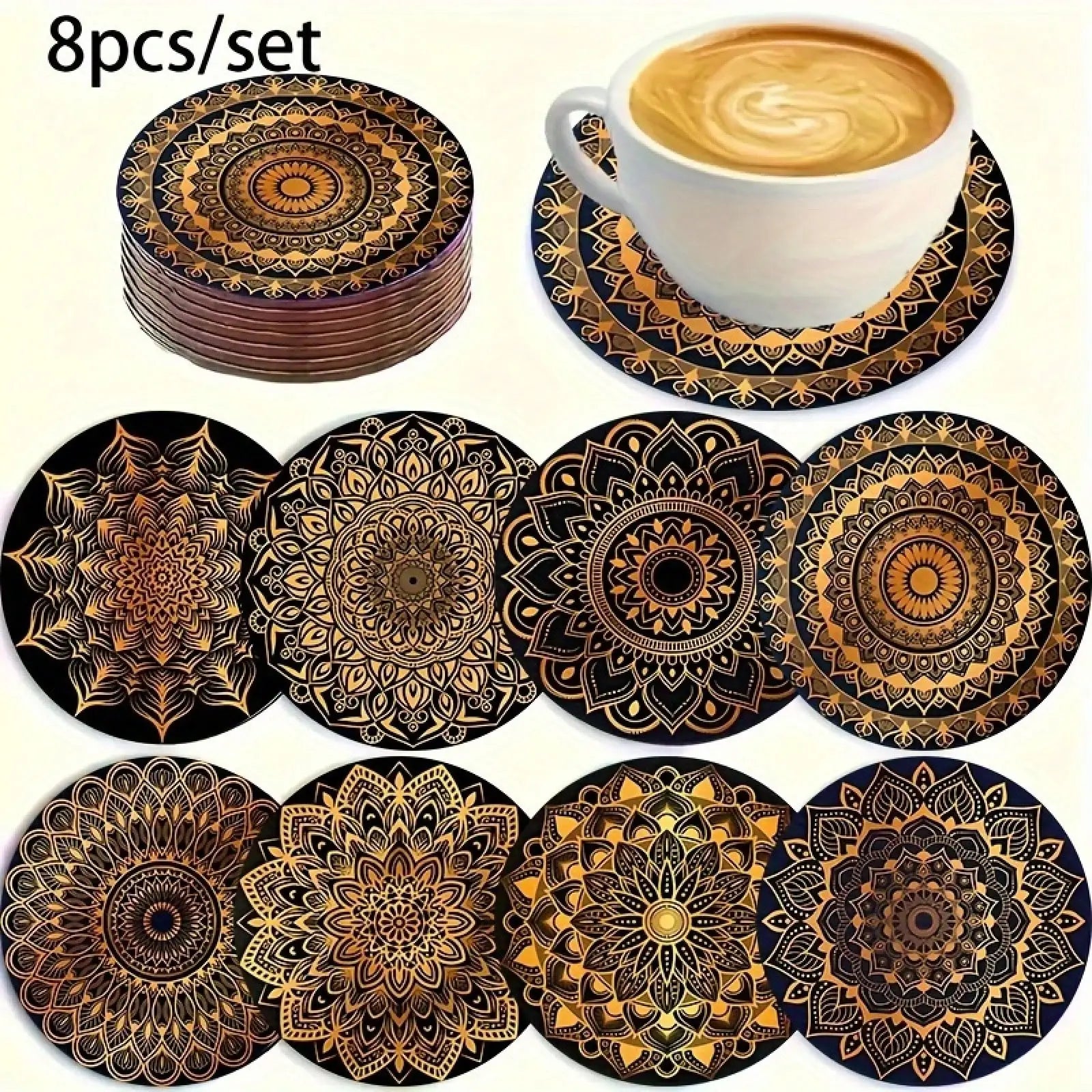 8-Piece Set Of Golden Mandala Wooden Coasters - Absorbent And Durable, Suitable For Coffee, Tea, And Beverages | Ideal Choice - Affiliated Shops
