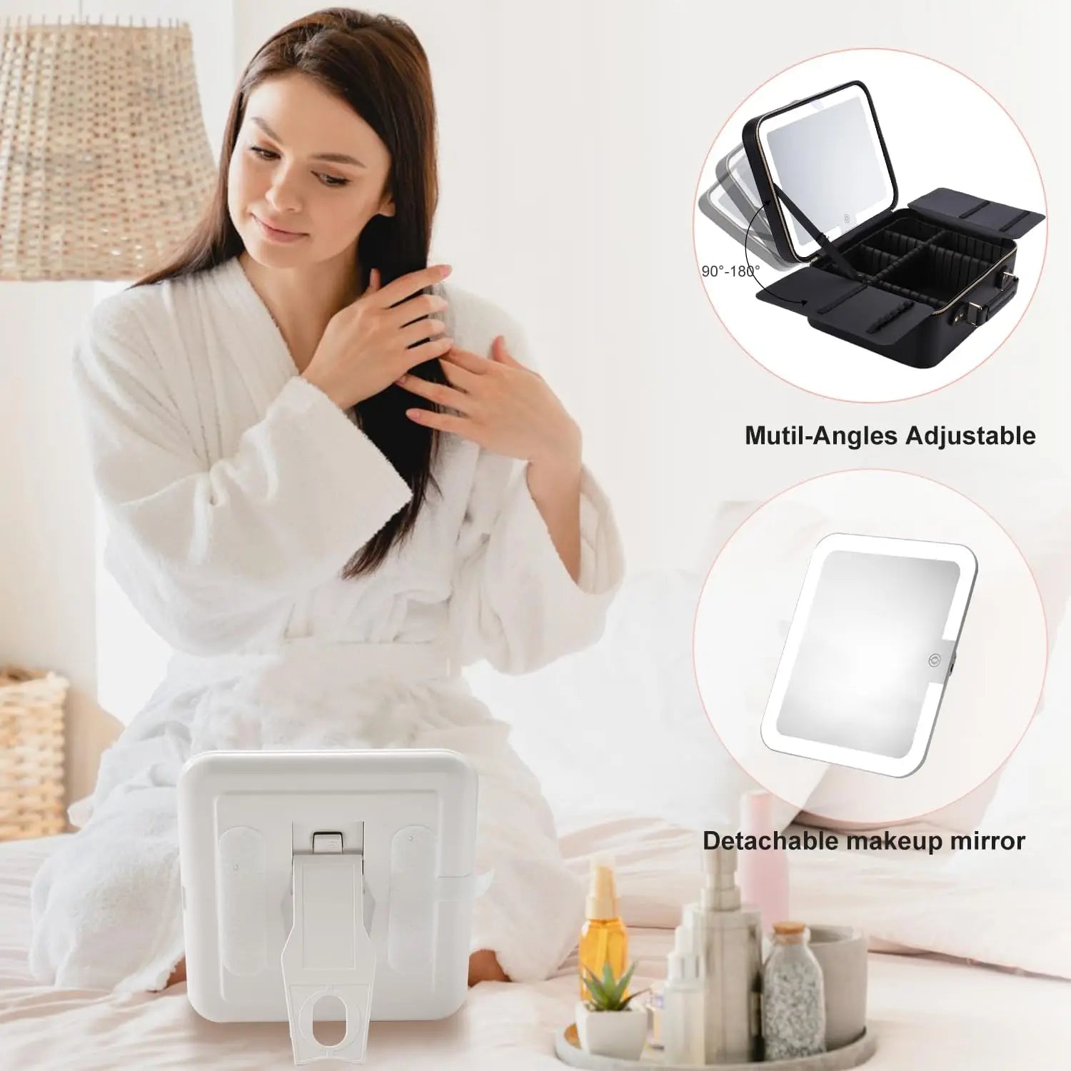 Travel Makeup Bag with LED Lighted Mirror, 3 Color Settings, 10x Magnifier, Adjustable Dividers - Black