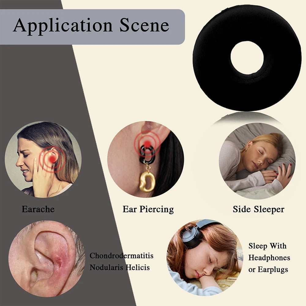 Black donut-shaped product with scenarios for use on ear pain, ear piercing, side sleepers, and sleep with headphones or earplugs.