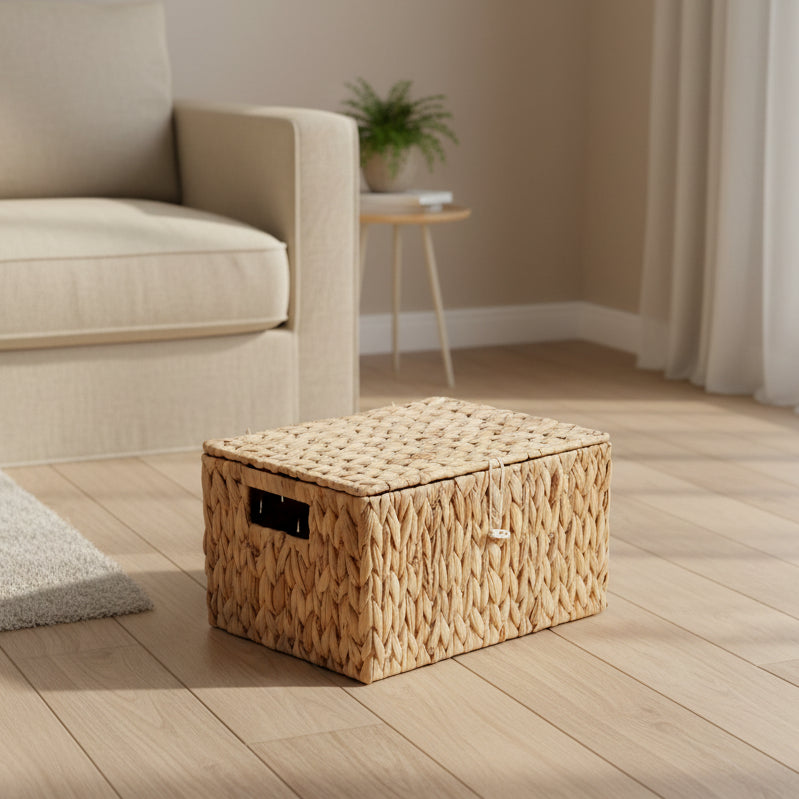 Rectangular Woven Basket with Lid Heavy Duty Decorative Storage Box for Organizing Home Office Bedroom Storage Bins for Shelves