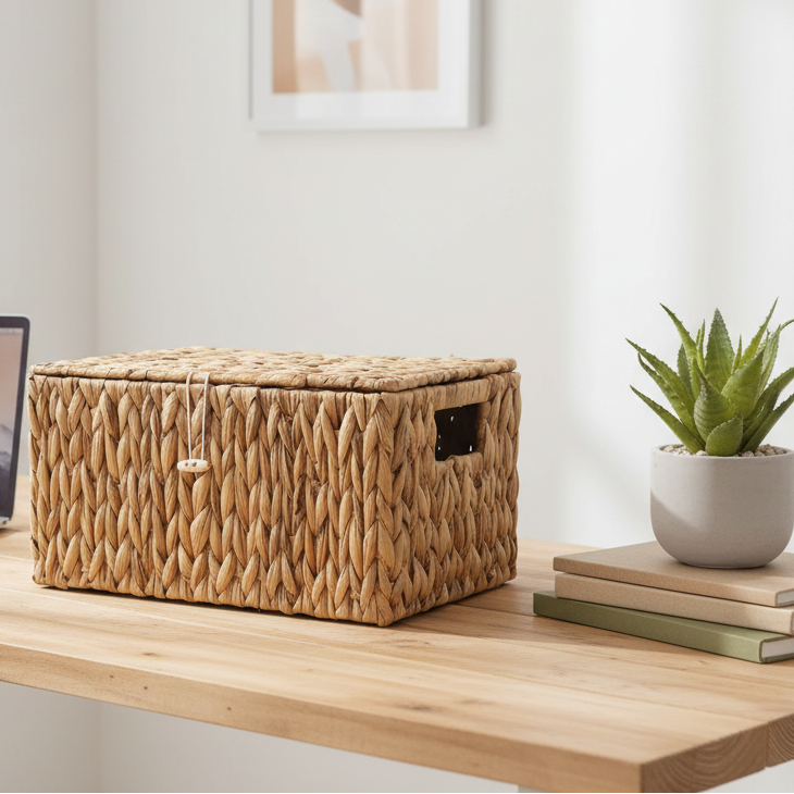 Rectangular Woven Basket with Lid Heavy Duty Decorative Storage Box for Organizing Home Office Bedroom Storage Bins for Shelves