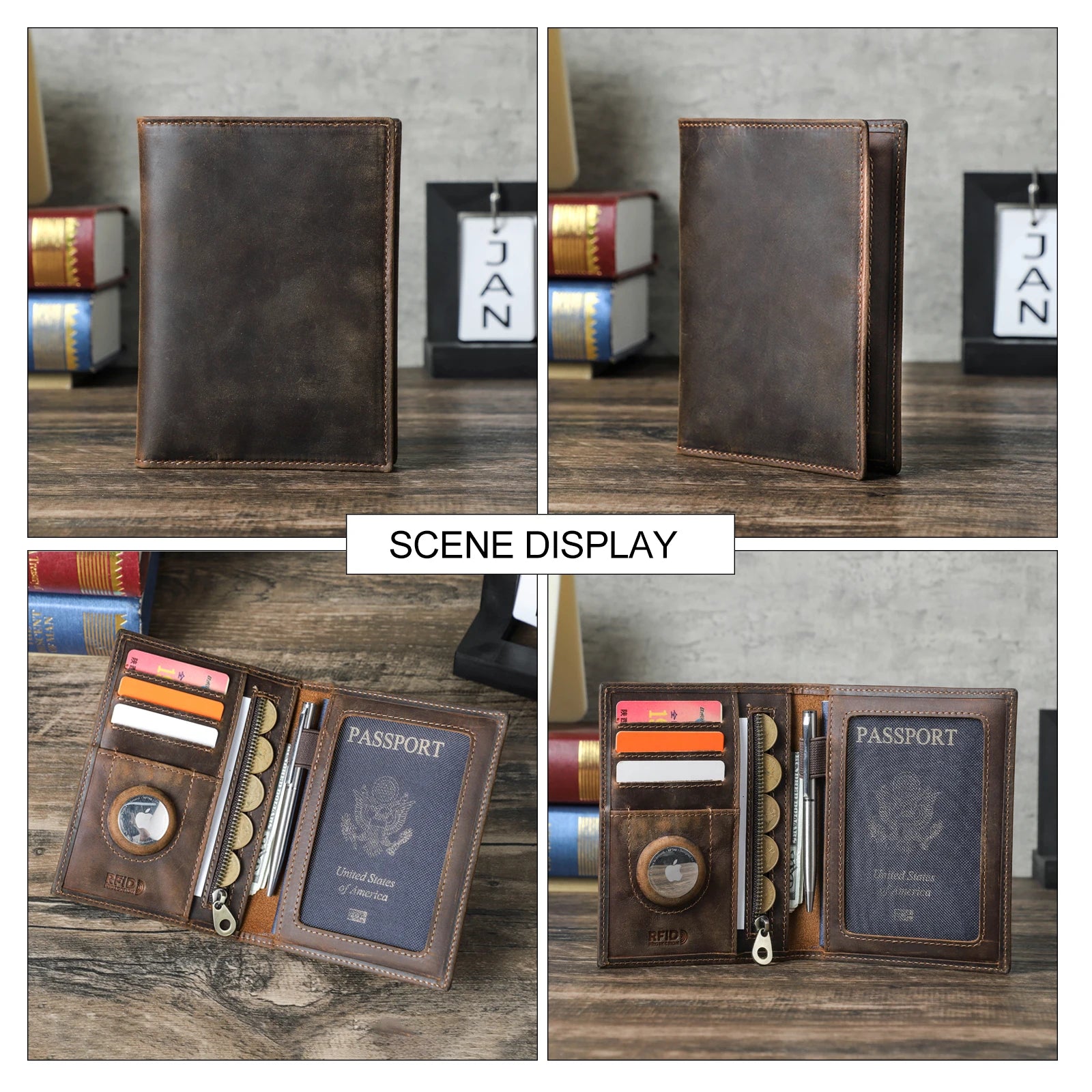 Genuine Cow Leather Passport Holder Travel Wallet with Airtag Case