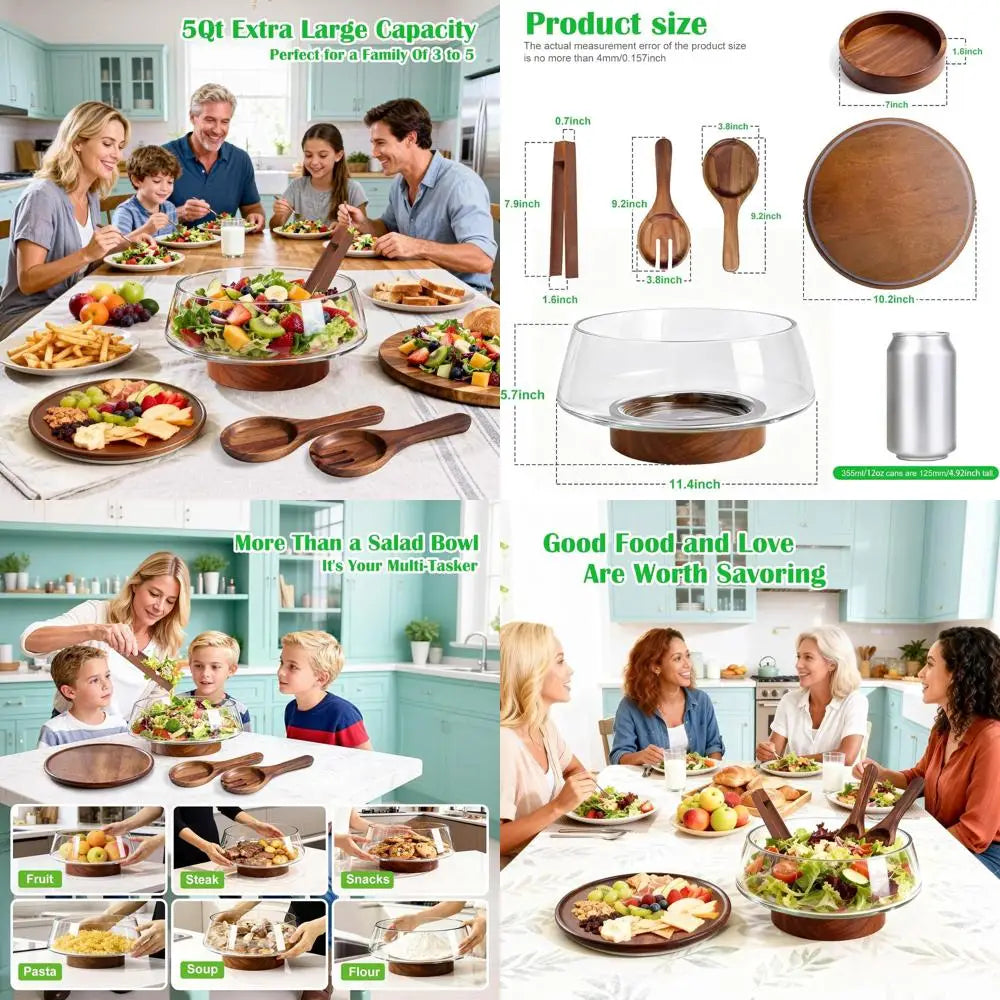 5-Quart Glass Salad Bowl Set with Lid, Wooden Base & Servers for Kitchen and Parties