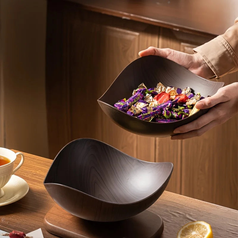 Large Wood Grain Salad Bowl - Durable Plastic Serving Dish for Party, Wedding, Buffet. Easy-Clean Fruit & Candy Container.