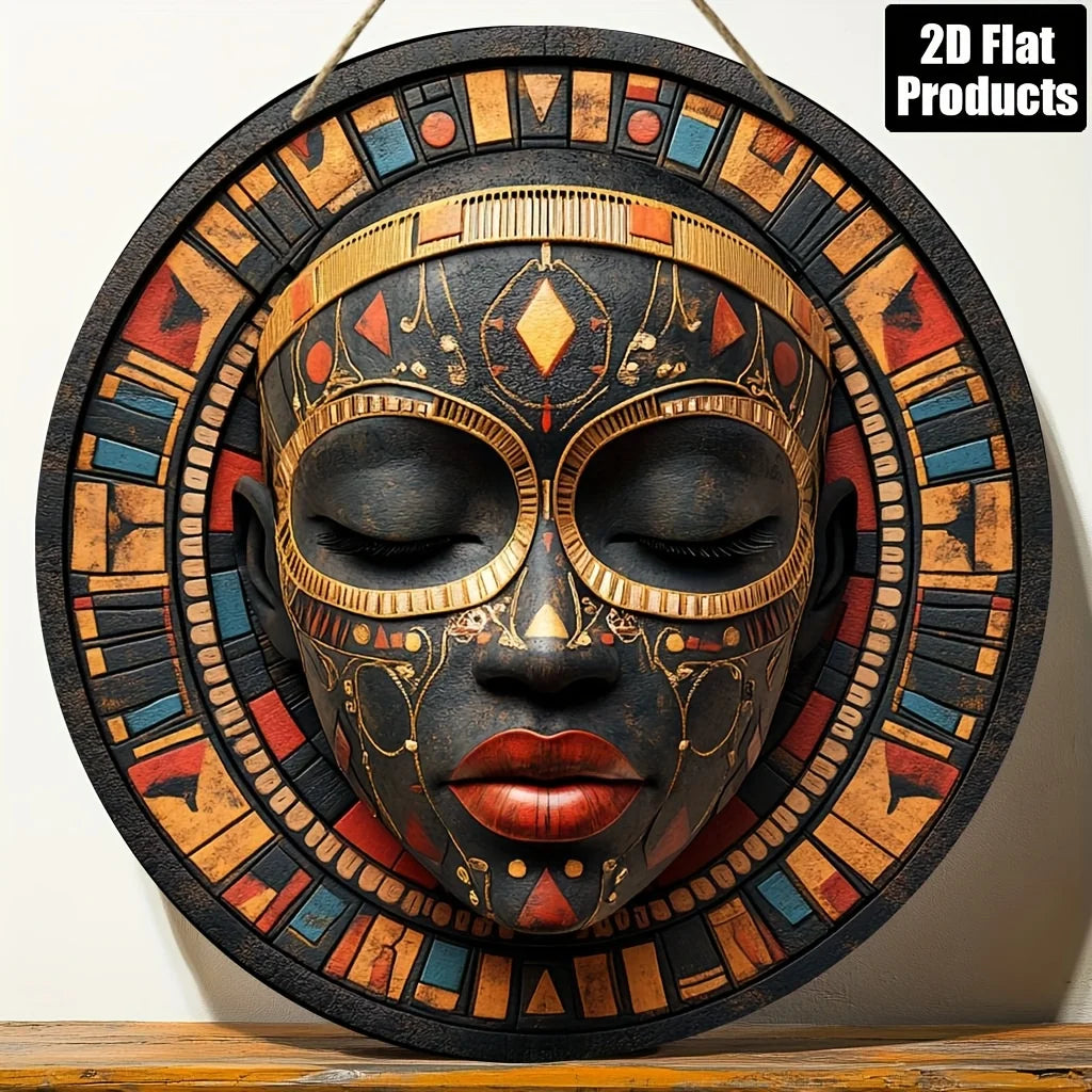 2D Flat 2D Flat Round Wooden Decorative Painting Black Golden Orange African Mask Theme Wall Art Suitable for Bar Kitchen Caf Lit Outlet