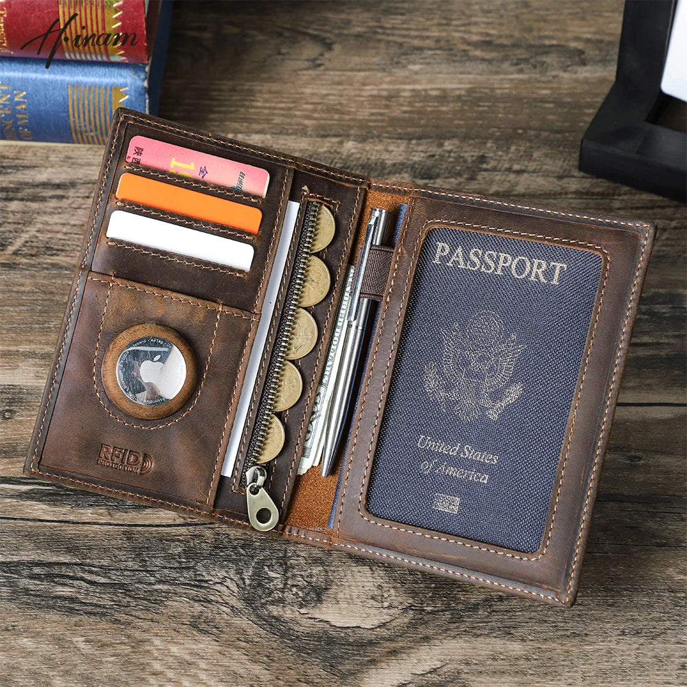 Genuine Cow Leather Passport Holder Travel Wallet with Airtag Case