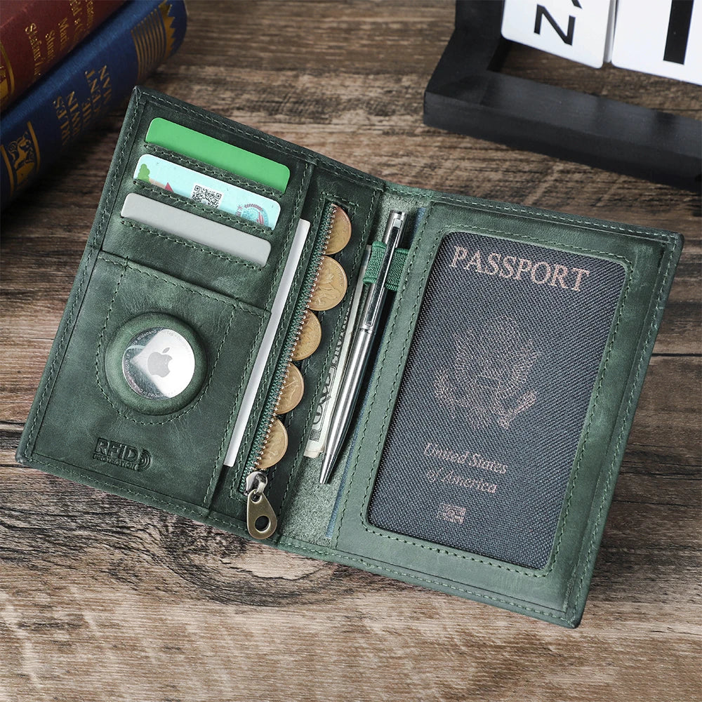 Genuine Cow Leather Passport Holder Travel Wallet with Airtag Case