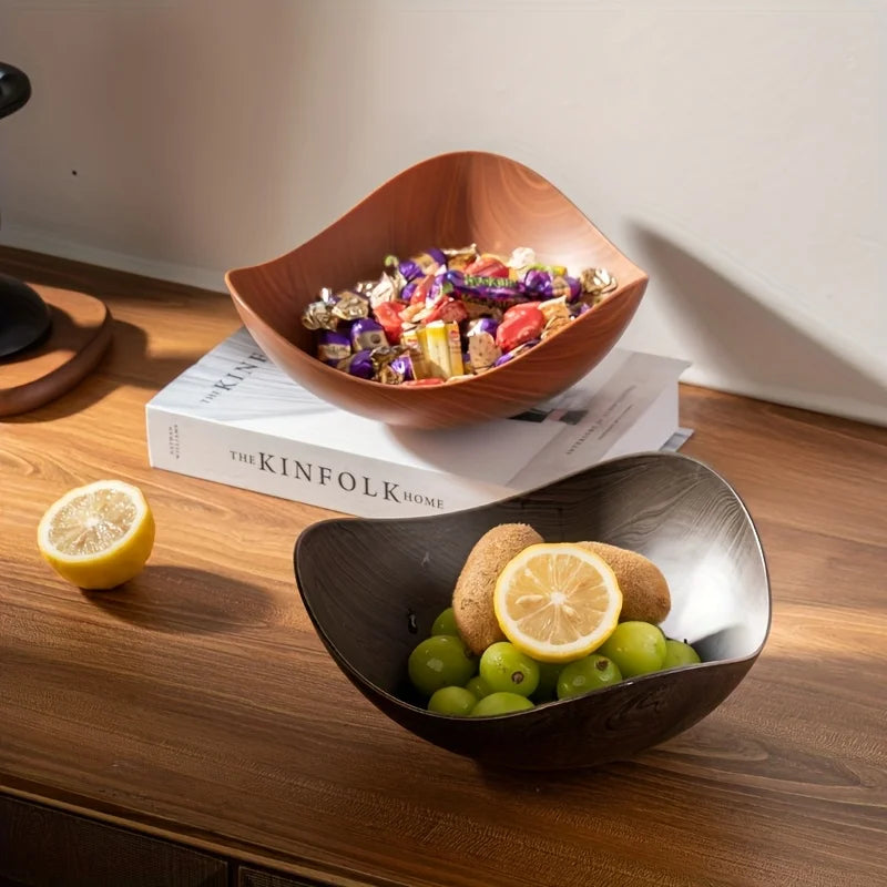 Large Wood Grain Salad Bowl - Durable Plastic Serving Dish for Party, Wedding, Buffet. Easy-Clean Fruit & Candy Container.