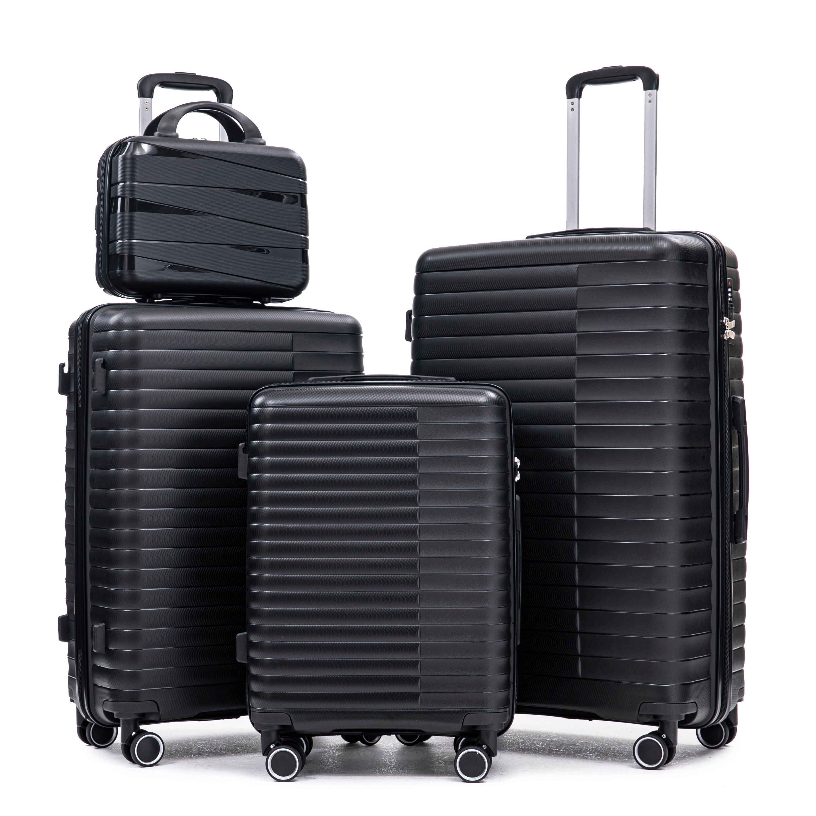 4 Pcs Luggage Set 14'' + 20'' +  24'' +  28'' - Spinner Wheels - Carry On Suitcase, Iron Pull Rod, Combination Password Lock, 14 Cosmetic Case Black