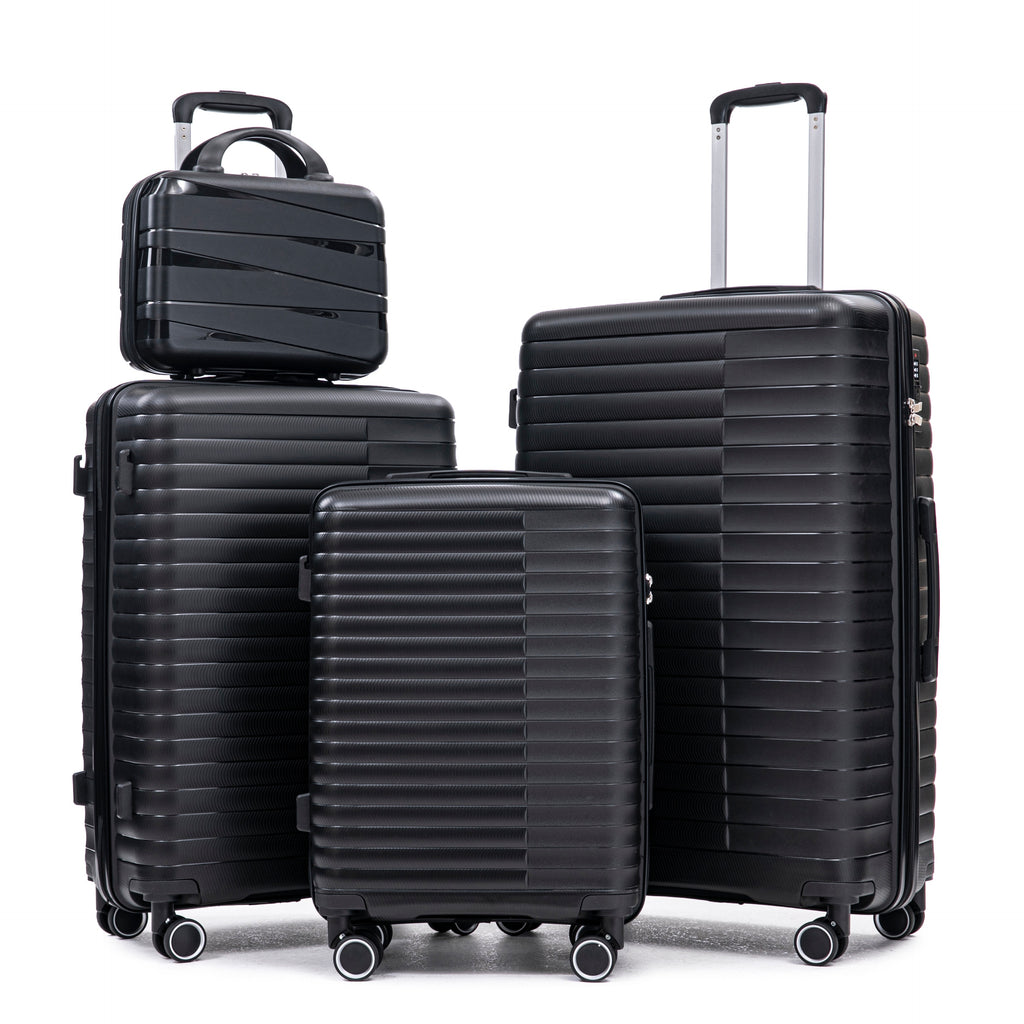 4 Pcs Luggage Set 14'' + 20'' +  24'' +  28'' - Spinner Wheels - Carry On Suitcase, Iron Pull Rod, Combination Password Lock, 14 Cosmetic Case Black