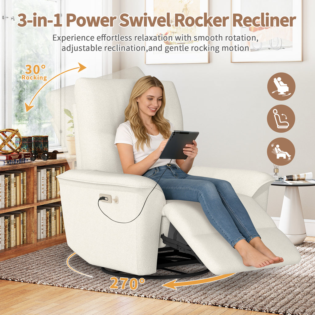 270 Power Swivel Rocker Recliner Chair W Phone Holder, Electric Glider Reclining Sofa With USB Ports, Power Swivel Glider, Rocking Chair Nursery Recliners For Living Room Bedroom  Beige-gray