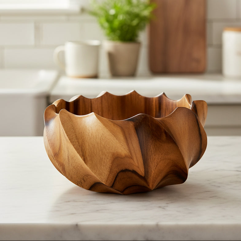Wooden bowl with wavy edge on a white background