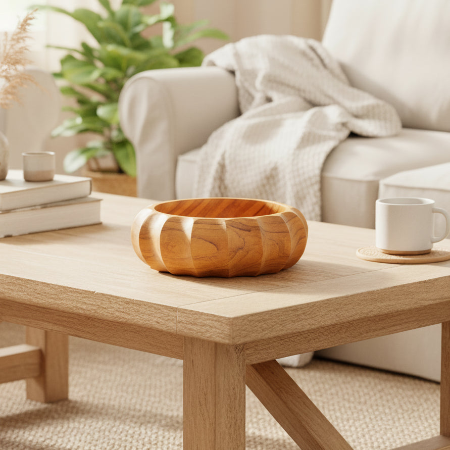 Fluted Round Teak Wood Bowl