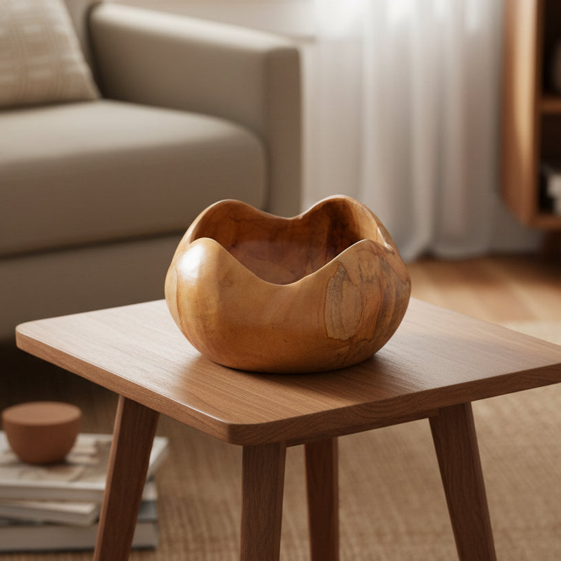 Wooden bowl with natural finish on a white background