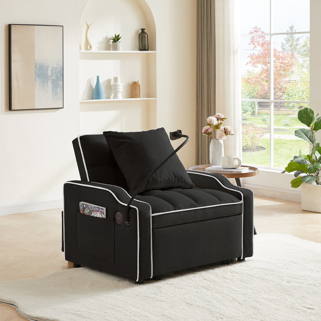 Sleeper Sofa Chair Bed,  3 In 1 Convertible Sofa Chair With With Adjustable Backrest & Phone Holder & USB, Type-C, Adjustable Recliner, Armchair For Living Room Bedroom Apartment Small Space, Black