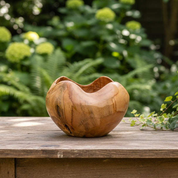 Wooden bowl with a natural finish on a white background