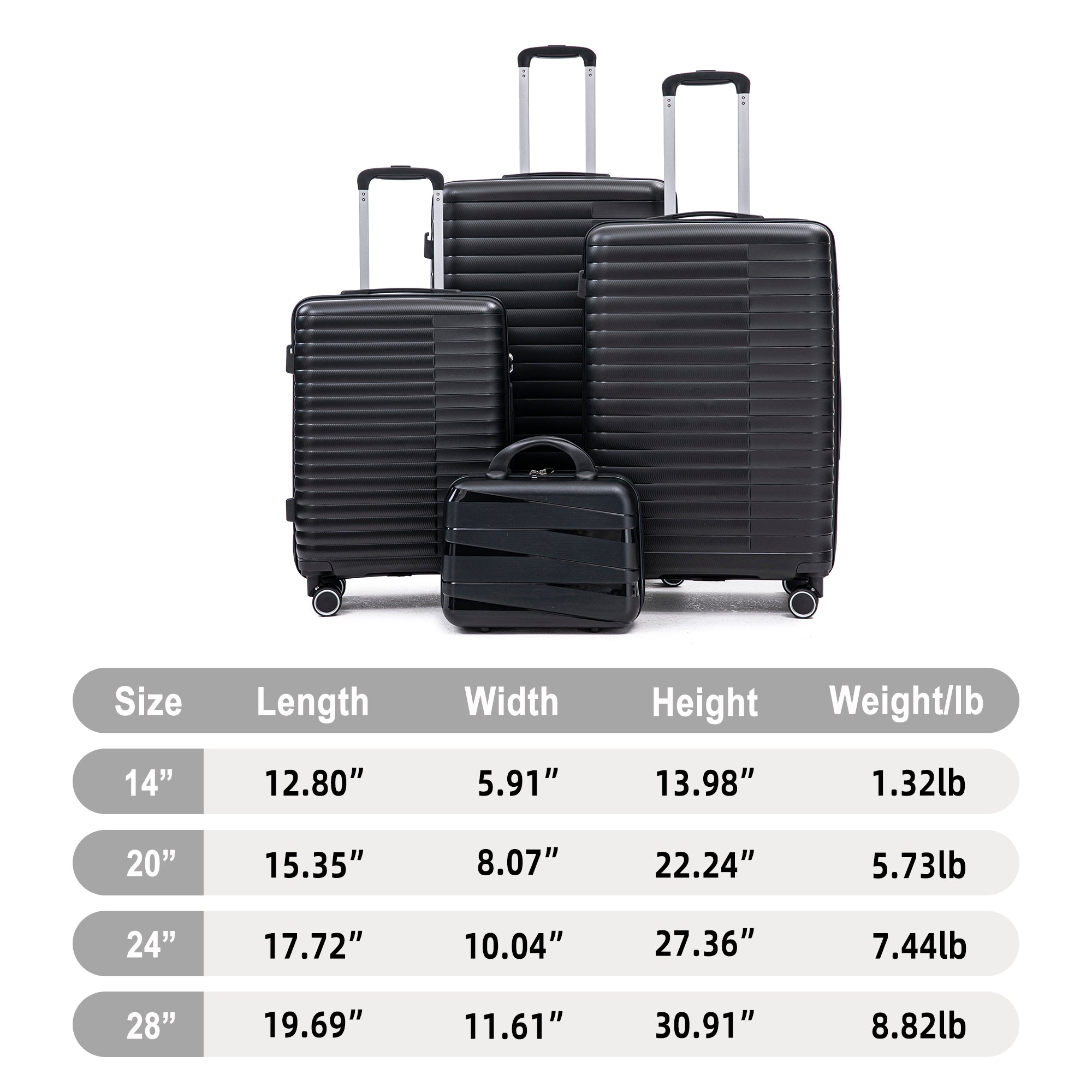 4 Pcs Luggage Set 14'' + 20'' +  24'' +  28'' - Spinner Wheels - Carry On Suitcase, Iron Pull Rod, Combination Password Lock, 14 Cosmetic Case Black