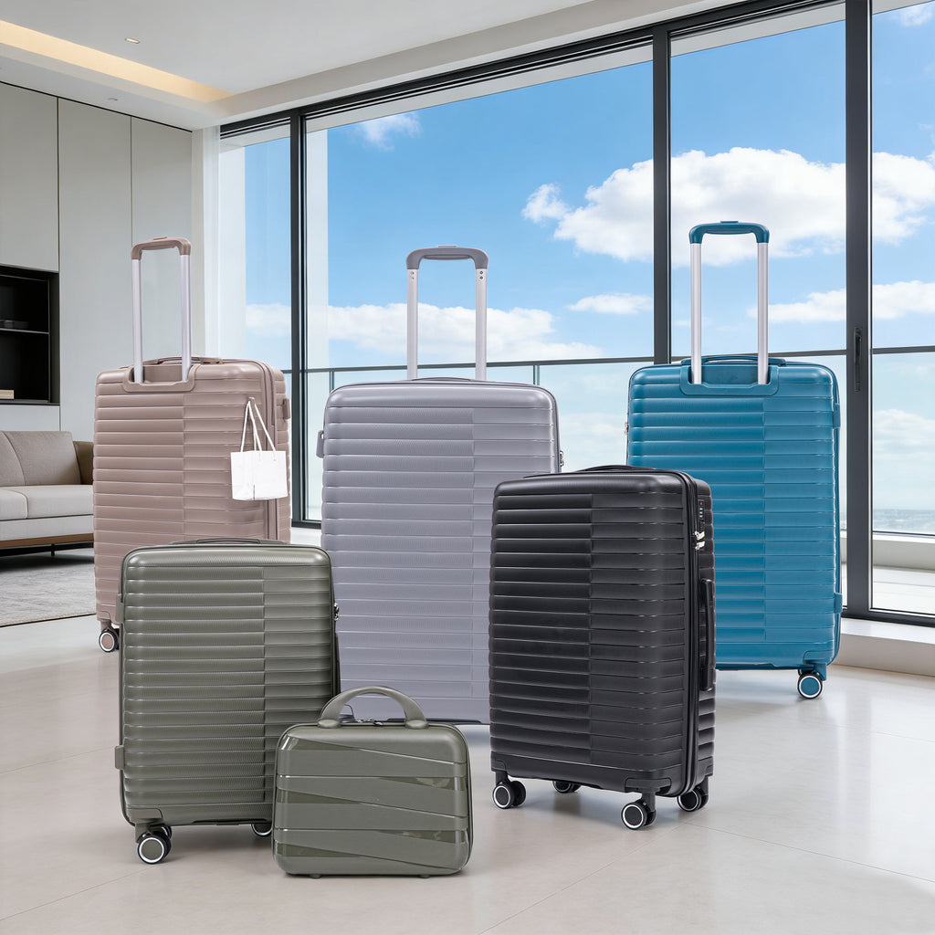 4 Pcs Luggage Set 14'' + 20'' +  24'' +  28'' - Spinner Wheels - Carry On Suitcase, Iron Pull Rod, Combination Password Lock, 14 Cosmetic Case Black