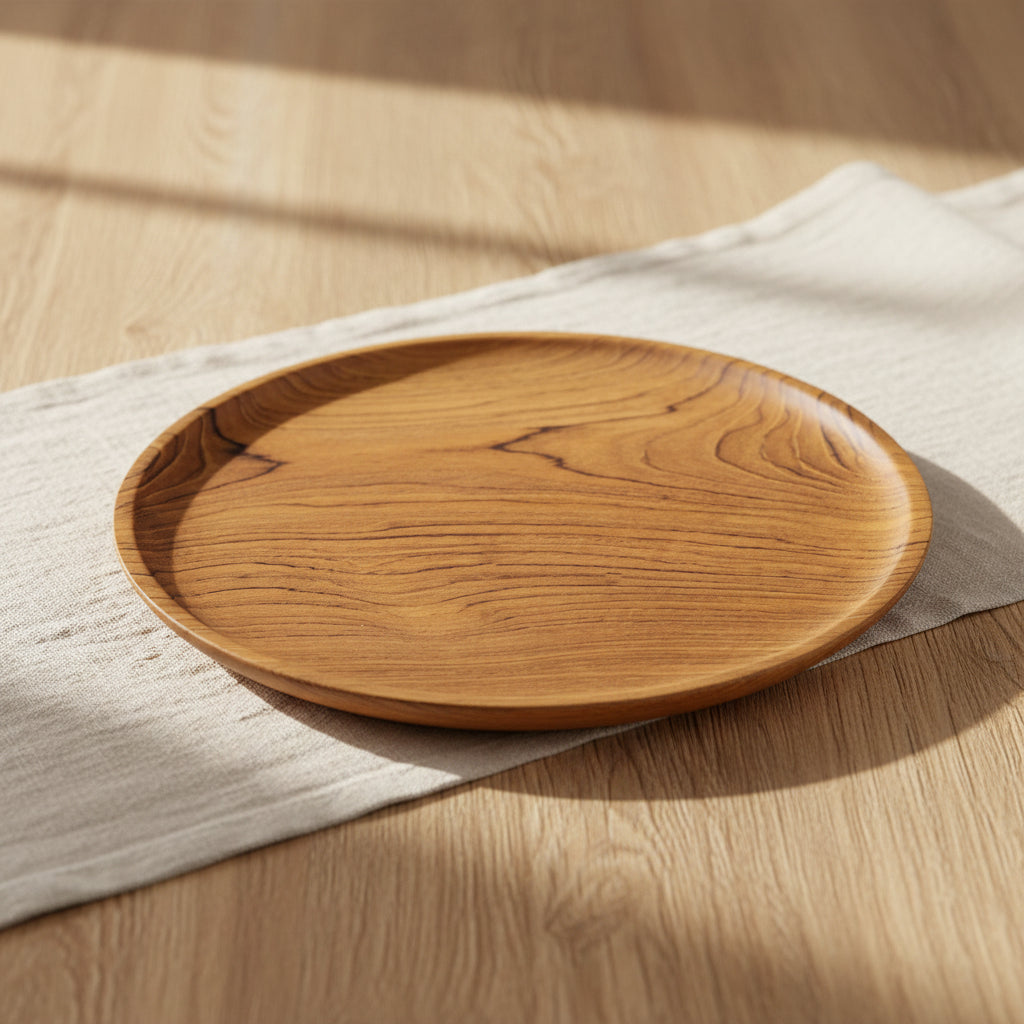Wooden plate with a wavy grain pattern on a white background