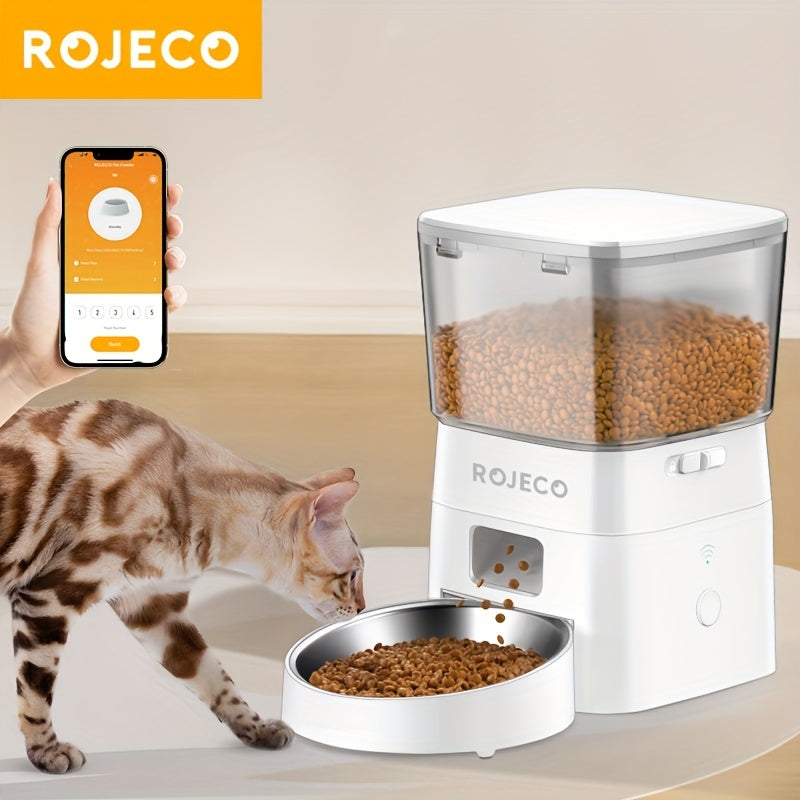 ROJECO Automatic Cat Feeder 2L68oz WiFi Automatic Cat Food Dispenser With App Control Timed Cat Feeder With Stainless Steel Bowl Dual Power Lit Outlet